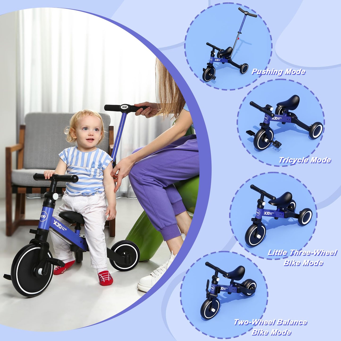XJD 7-in-1 Toddler Tricycle with Push Handle