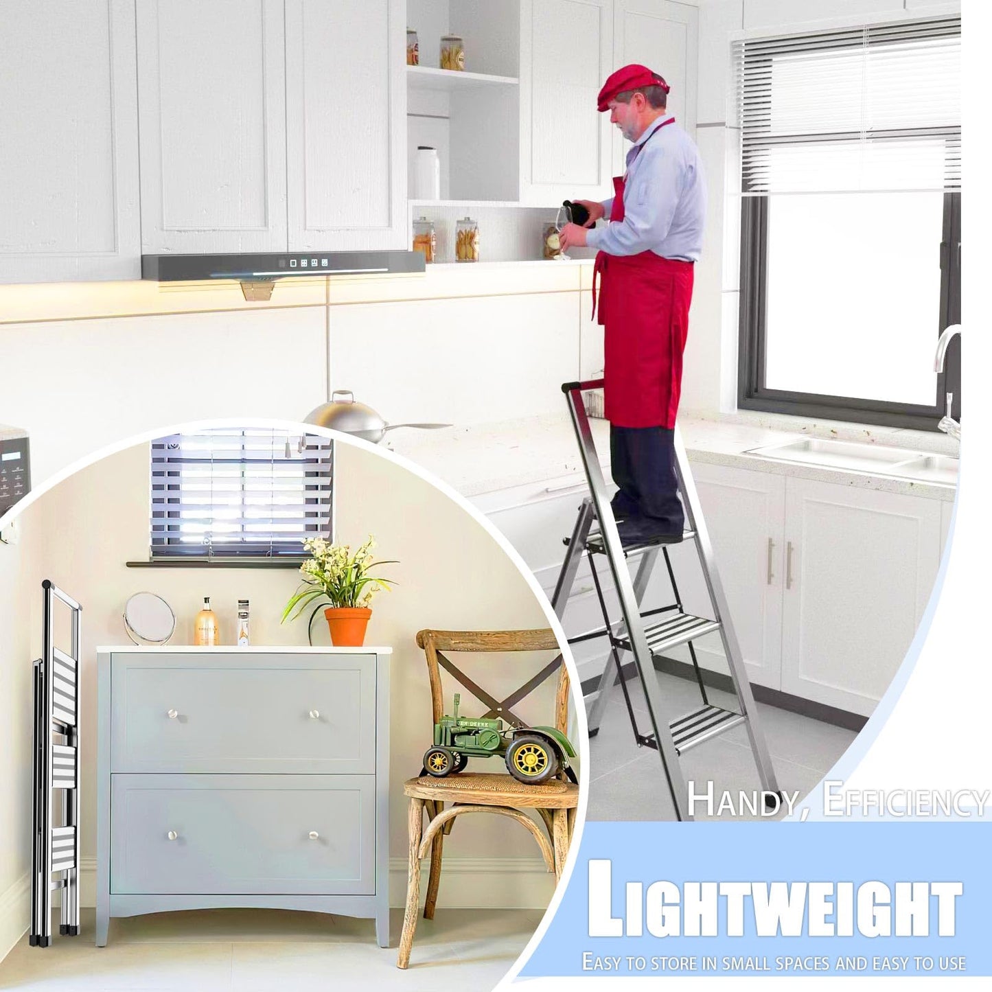 Step Ladder 3 Step Folding Aluminum Small Step Stool with Handle for Kitchen Closet, 4Ft Foldable Steping Stool for Adults Seniors, Wide Anti Slip Pedal, 300lbs Lightweight Portable Ladders for Home
