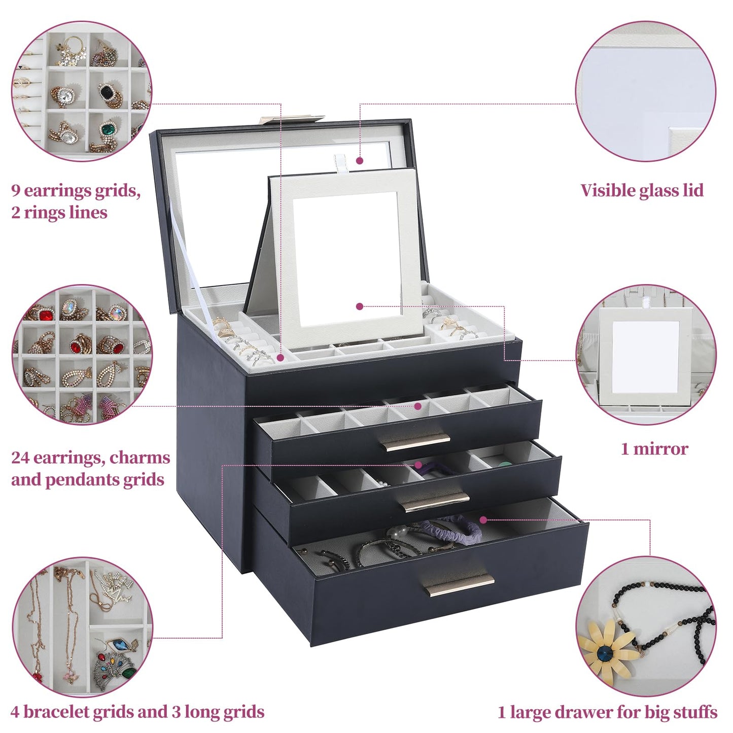 Tian Ye Zhou Jewelry Box with Glass Lids, 4 Layer Large Jewelry Holder Organizer with Mirror, White Jewelry Box with 3 Drawers for Sunglasses, Necklace and Bracelet Storage Gifts for Her (Black)