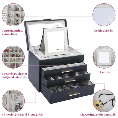 Tian Ye Zhou Jewelry Box with Glass Lids, 4 Layer Large Jewelry Holder Organizer with Mirror, White Jewelry Box with 3 Drawers for Sunglasses, Necklace and Bracelet Storage Gifts for Her (Black)