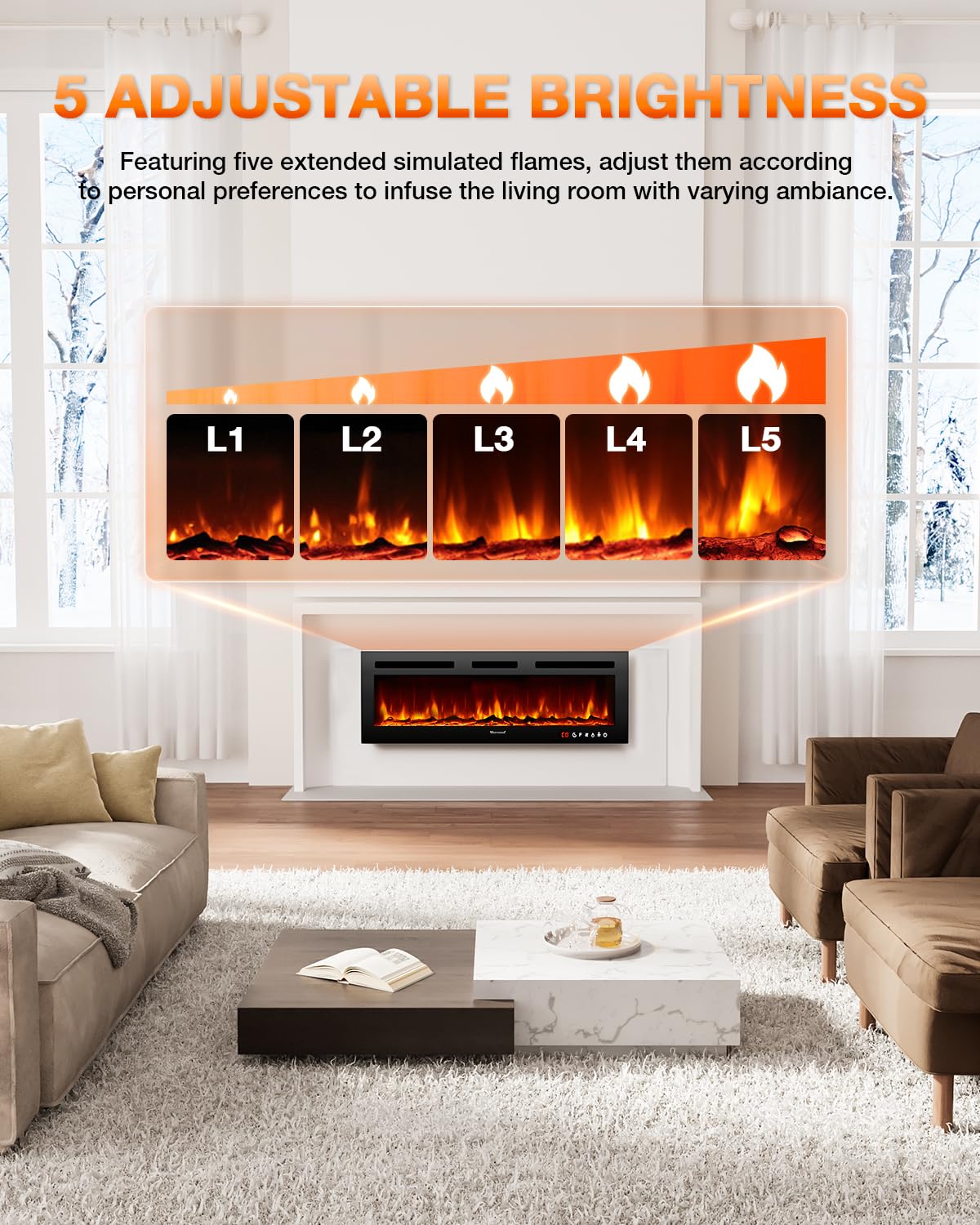 VISVEIL Electric Fireplace,Realistic Flame Electric Fireplace Heater,Log Set,Crystal Flames 750-1500W with Timer Inserts,Wall Mounted,TV Stand Touch Screen and Remote 50 Inch