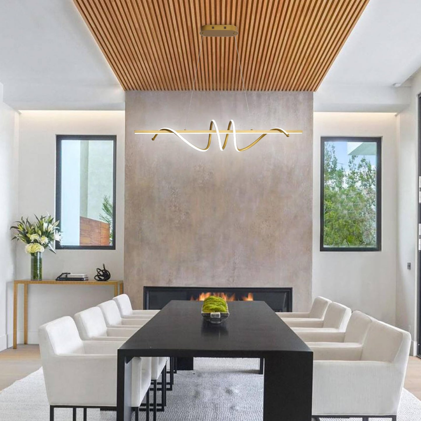 Modern LED Pendant Lighting,LED Chandelier Linear Wave Light Fixture,Contemporary Dimmable with Remote Max 35W LED Hanging Light Fixture for Living Room Dining Room Kitchen Island,3000K-6500K Gold