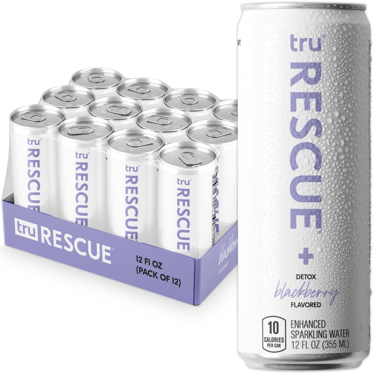 Tru Rescue Seltzer, Blackberry Flavored Sparkling Water Made with Real Fruit Juice - Hydration Detox Drink plus Electrolytes - Caffeine Free, Kosher, GF, No Added Sugar Beverages, 12oz (Pack of 12)