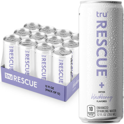 Tru Rescue Seltzer, Blackberry Flavored Sparkling Water Made with Real Fruit Juice - Hydration Detox Drink plus Electrolytes - Caffeine Free, Kosher, GF, No Added Sugar Beverages, 12oz (Pack of 12)