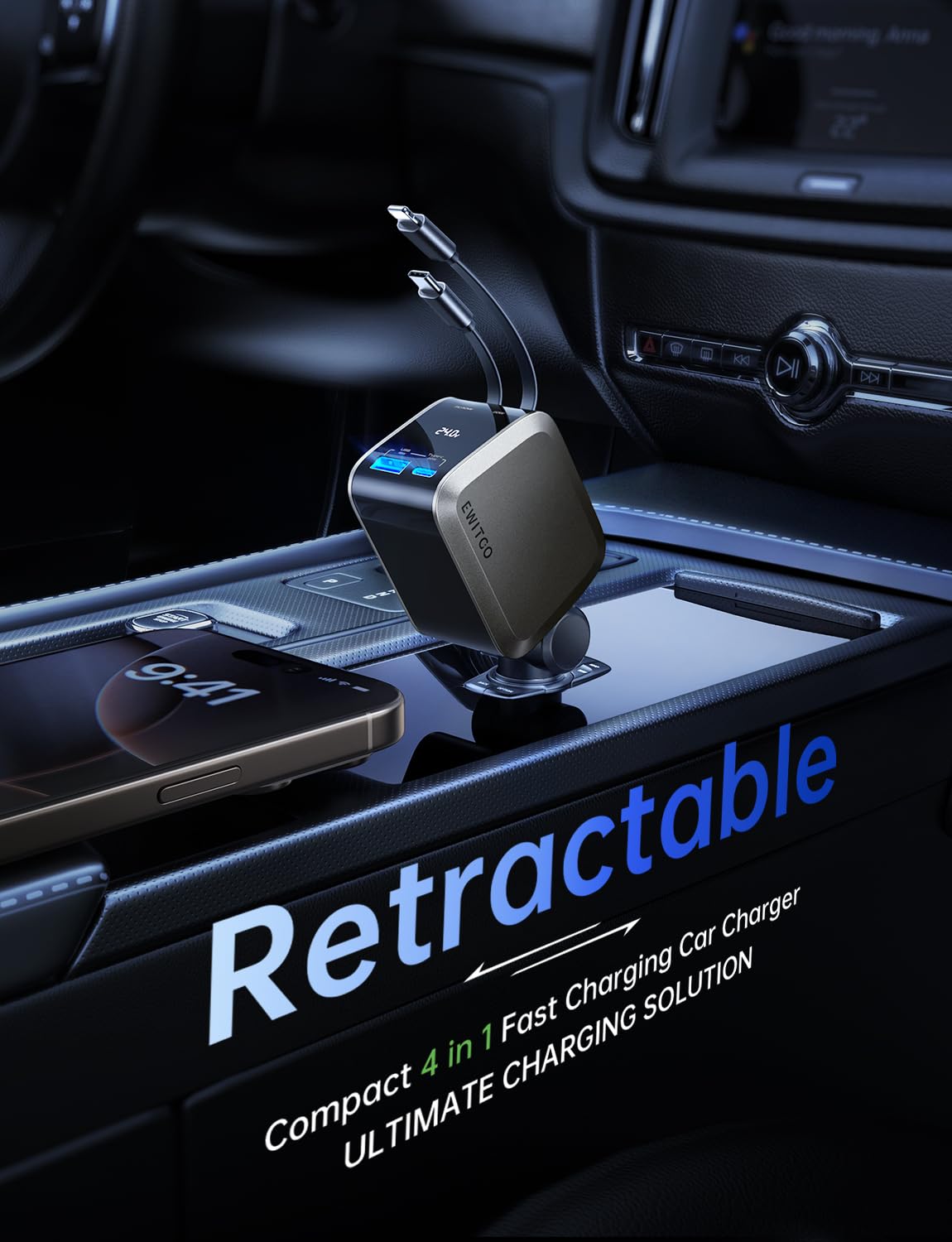 4-in-1 USB C Car Charger with Retractable Cables
