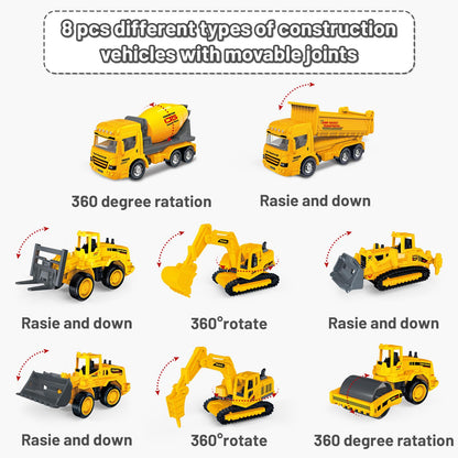deAO Die Cast Construction Toy Trucks Set with Play Mat, 8 Construction Vehicles with Road Signs Crane, Bulldozers Excavator Cement Dump Digger Toys, Toddler Boys Toys for Kids Age 3 4 5 6 Birthday
