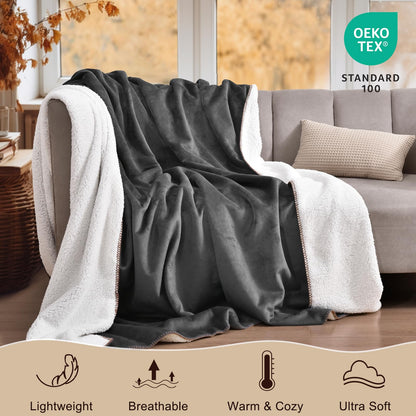 PHF Sherpa Fleece Blanket King Size, 480GSM Thick and Warm Reversible Blanket for Winter, No Shedding, No Pilling, Ultra Soft Fuzzy Blanket for Bed Sofa Couch, 108"x90", Dark Grey