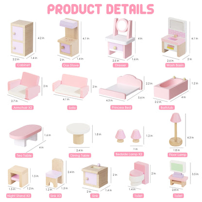 Wooden Dollhouse Furniture Set, 22 Pcs Miniature Dollhouse Accessories Including 5 Room Kits, Little People House Furniture, Doll House Furniture Toys Gift for Girls Boys Age 3+