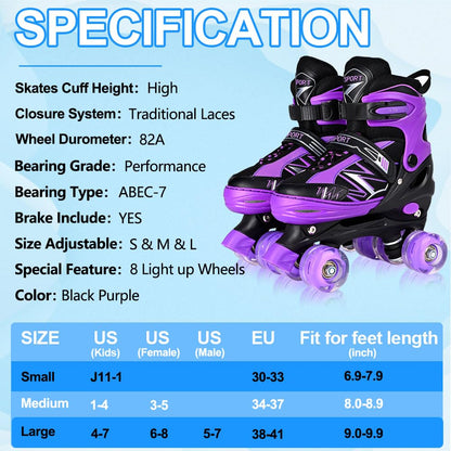 SYXKJ Boys Girls 4 Size Adjustable Kids Roller Skates for Children Toddlers Beginner with All Light Up Wheels, Birthday Gift for Outdoor Indoor Sports (Black Purple, Medium)