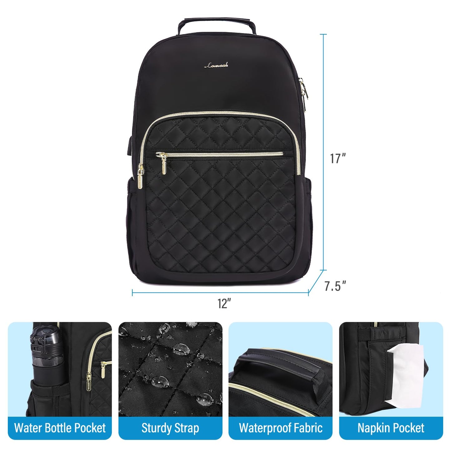 LOVEVOOK Laptop Backpack Purse for Women, Work Business Travel Computer Bags with 15.6 Inch Laptop Compartment, Teacher Nurse Backpack for Womens, Quilted Casual Daypack with USB Port, Black
