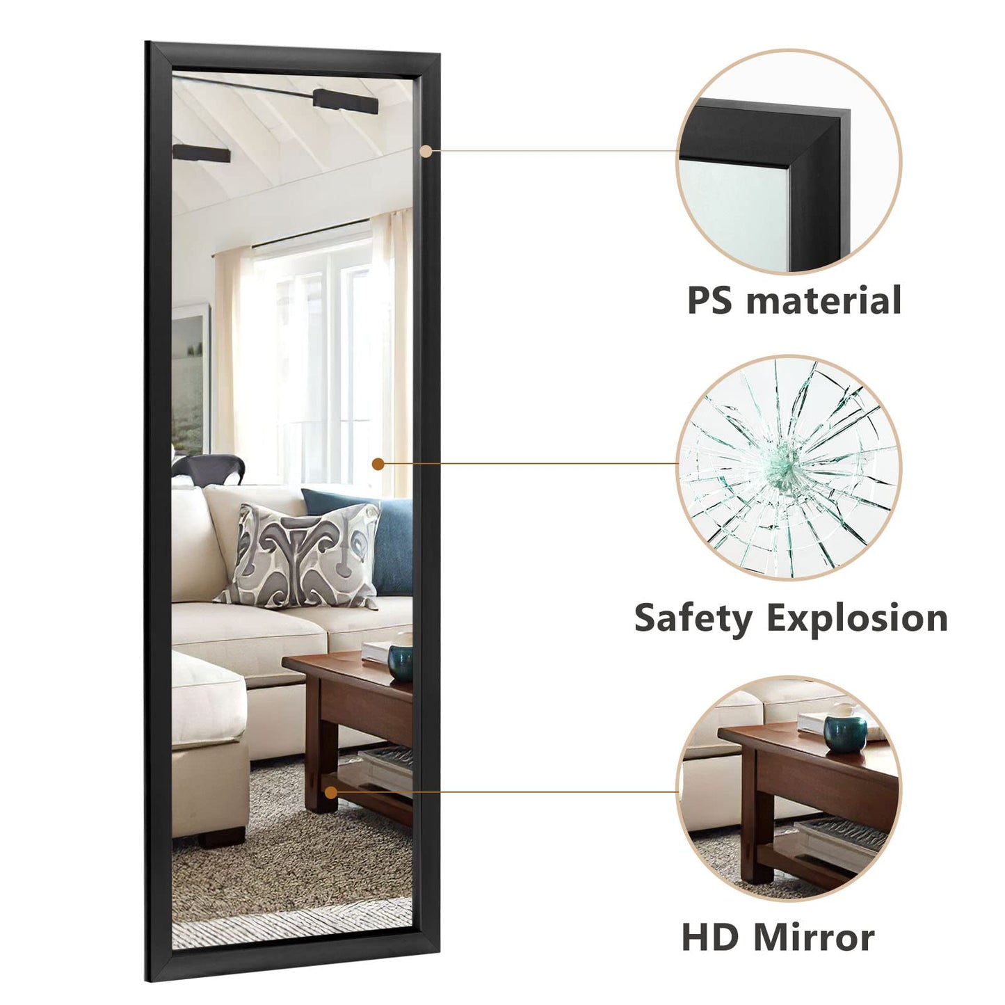 MIRUO Over The Door Mirror Full Length with Hanging Brackets, or Leaning Against Wall Mounted On Wall, Door, 44''x16'', Black (JJ01397AAF- AM002)