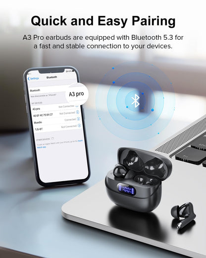 TUMJUN Wireless Earbuds, 42H Playtime Bluetooth 5.3 Headphones, HiFi Stereo Call Noise Cancelling Earbuds, IPX7 Waterproof Stereo in-Ear Earphones with LED Display for iOS Android Cell Phone (Black)