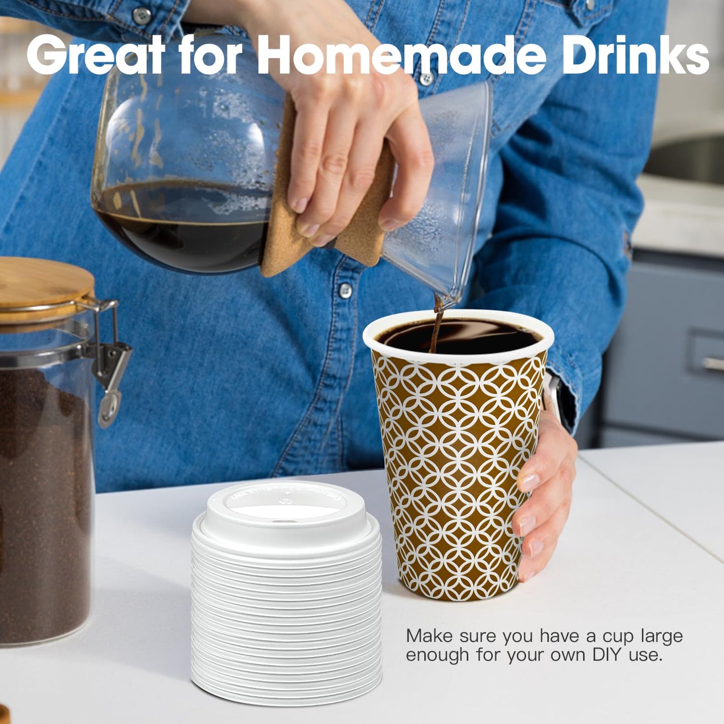 Ginkgo 100 Pack Disposable To Go Coffee Cups with Lids 16 oz, Brown Minimalist Pattern Paper Hot CoCoa Cups Suitable for Travel, Party, Shops Cafes