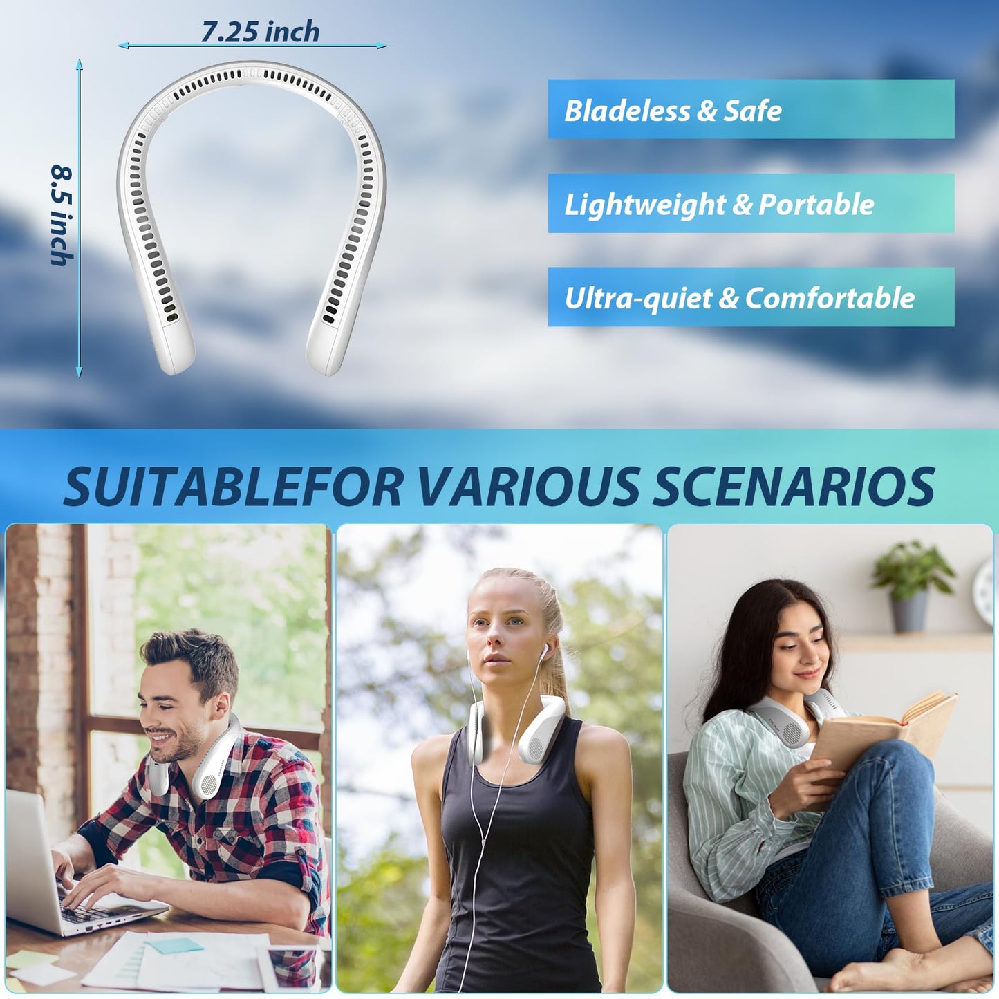 Kternay Bladeless Neck Fan - 5200mAh Portable Neck Fan with 3 Wind Speed,USB Rechargeable Personal Neck Fan, Hands-Free Design USB Fan - Ideal for Outdoor Activities and Travel