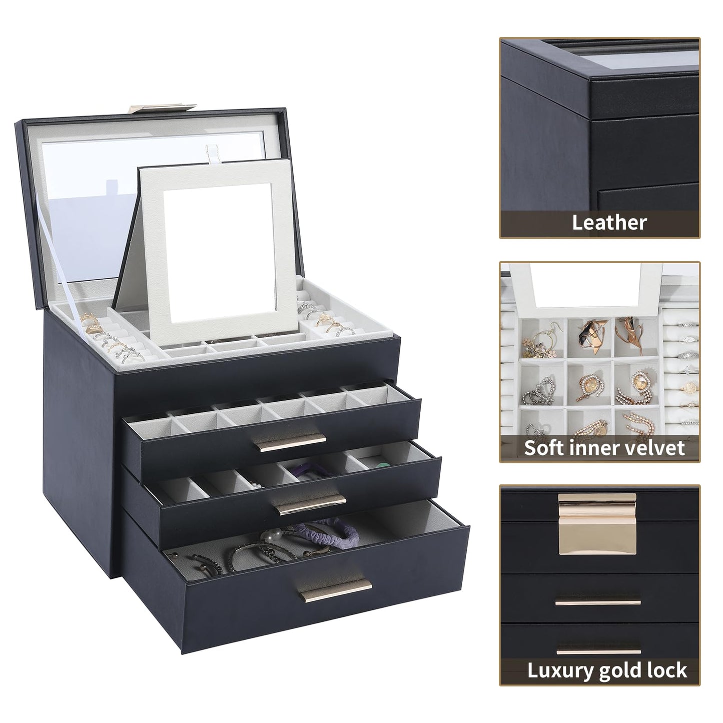 Tian Ye Zhou Jewelry Box with Glass Lids, 4 Layer Large Jewelry Holder Organizer with Mirror, White Jewelry Box with 3 Drawers for Sunglasses, Necklace and Bracelet Storage Gifts for Her (Black)