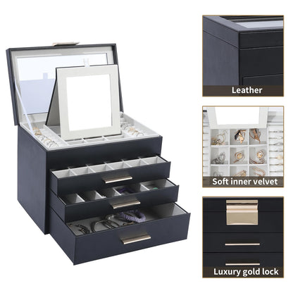 Tian Ye Zhou Jewelry Box with Glass Lids, 4 Layer Large Jewelry Holder Organizer with Mirror, White Jewelry Box with 3 Drawers for Sunglasses, Necklace and Bracelet Storage Gifts for Her (Black)
