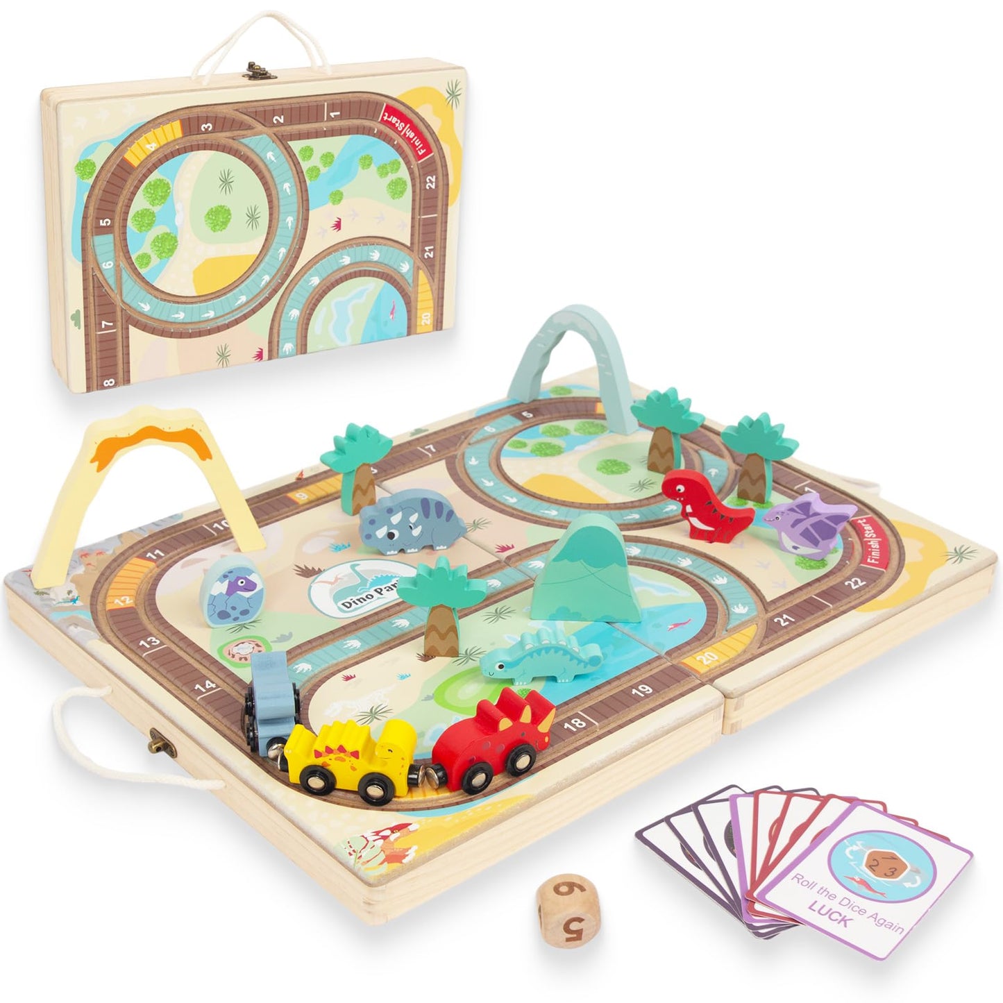 WoodenEdu Wooden Train Set Toys for Toddlers, Wooden Dinosaur Train Set for Kids Age 3+, Portable Durable Train Chess Toys for Travel with 3 Trains 5 Dinosaurs for Kids