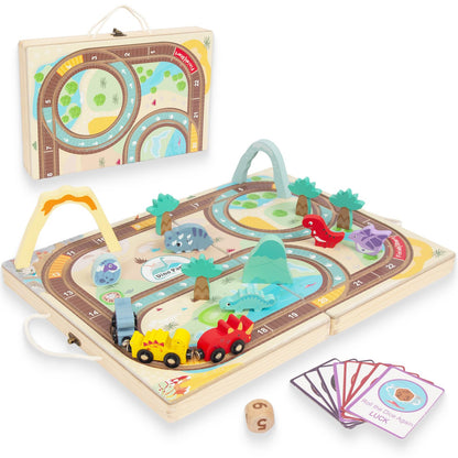 WoodenEdu Wooden Train Set Toys for Toddlers, Wooden Dinosaur Train Set for Kids Age 3+, Portable Durable Train Chess Toys for Travel with 3 Trains 5 Dinosaurs for Kids