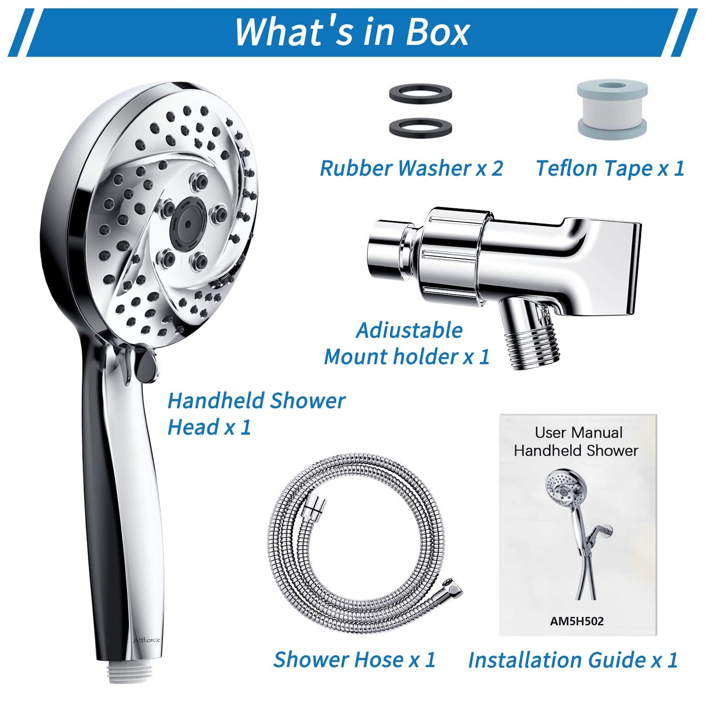 Atthomie Modern Shower Head with 6 Spray Settings, Anti-Clog Detachable & Removable, 60 Inch Stainless Steel Hose, Adjustable Brass Joint, Tool-Free Installation
