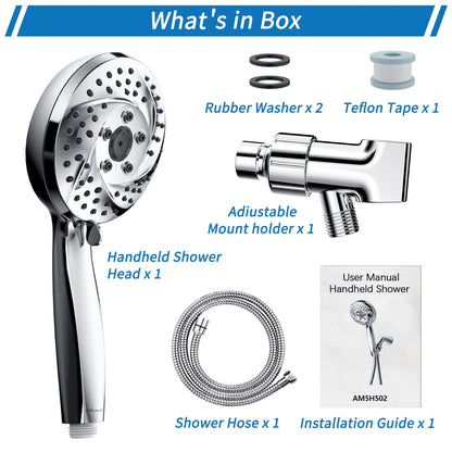 Atthomie Modern Shower Head with 6 Spray Settings, Anti-Clog Detachable & Removable, 60 Inch Stainless Steel Hose, Adjustable Brass Joint, Tool-Free Installation