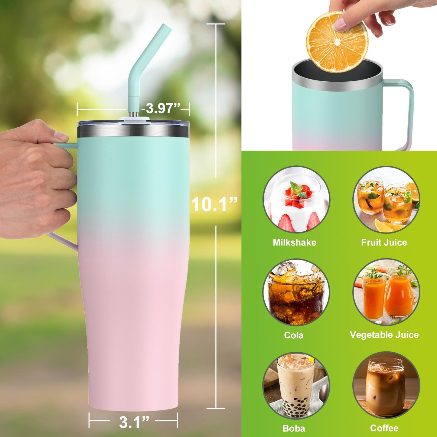 Luxfuel 50oz Tumbler with Handle and Straw, Double Wall Vacuum Insulated Stainless Steel, Includes 2 Lids, Keeps Drinks Cold for 24 Hours, Travel Mug Fits Car Cup Holder