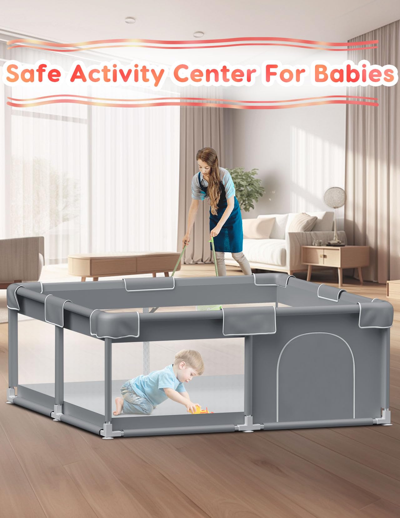 Baby Playpen Baby Play Pen for Babies and Toddlers Safe Anti-Fall Baby Play Yards Indoor & Outdoor Sturdy Safety Baby Activity Center with Soft Breathable Mesh Baby Fence 50×50 Inch