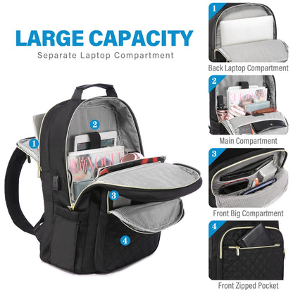 LOVEVOOK Laptop Backpack Purse for Women, Work Business Travel Computer Bags with 15.6 Inch Laptop Compartment, Teacher Nurse Backpack for Womens, Quilted Casual Daypack with USB Port, Black