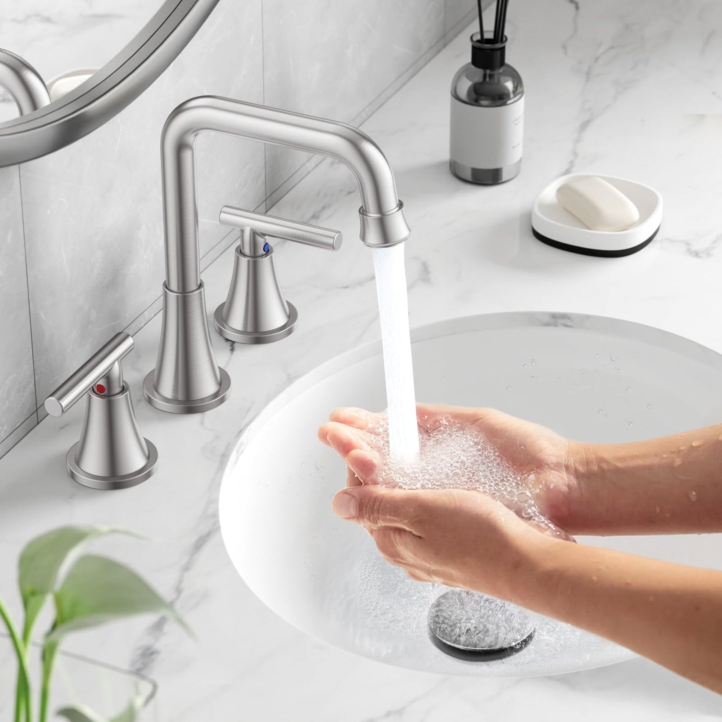 Widespread Bathroom Faucet with Drain Assembly