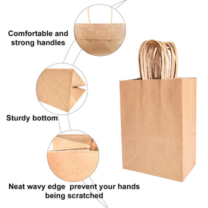 Brown Kraft Paper Gift Bags with Handles - 100 Pcs