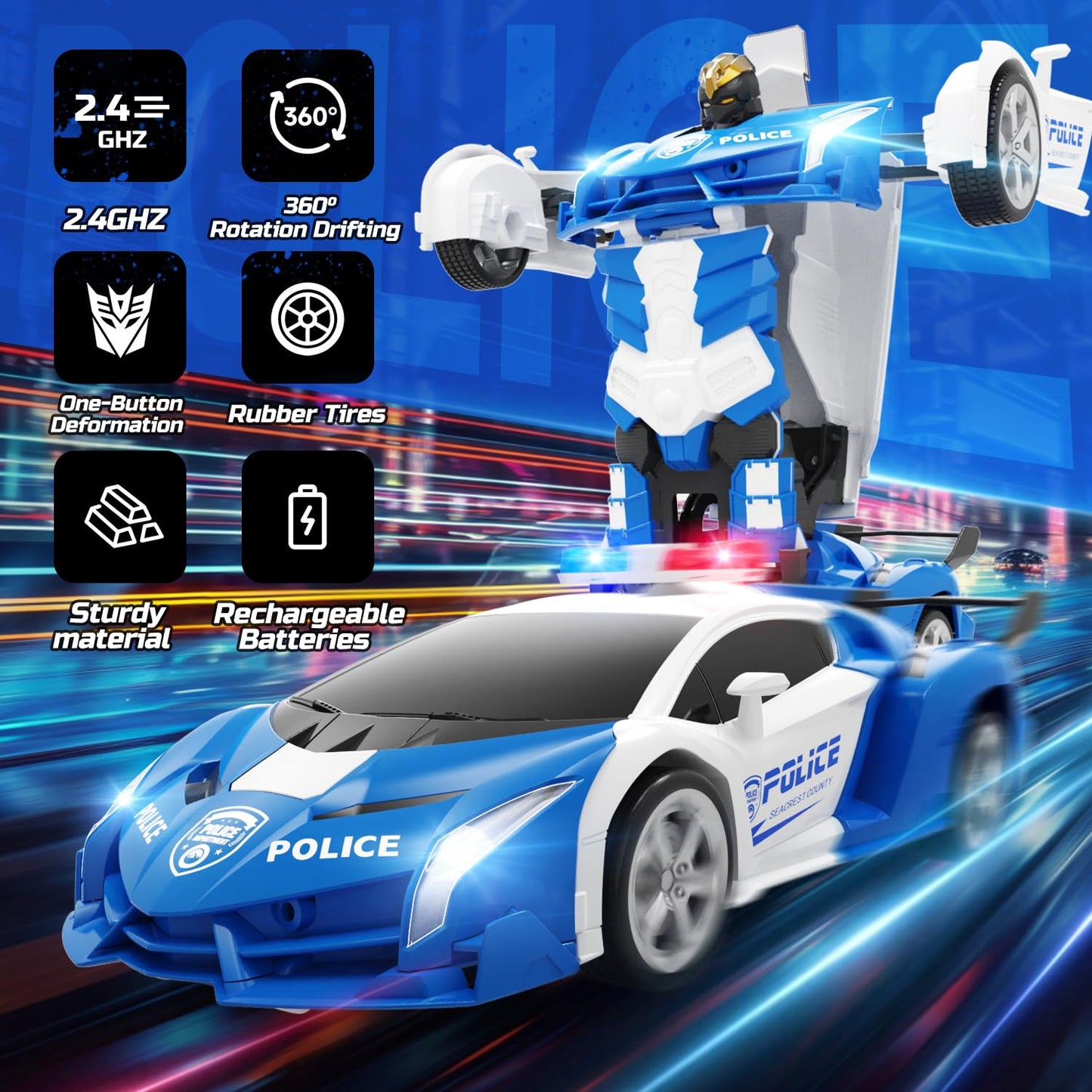 DEERC Remote Control Police Car with Deformation