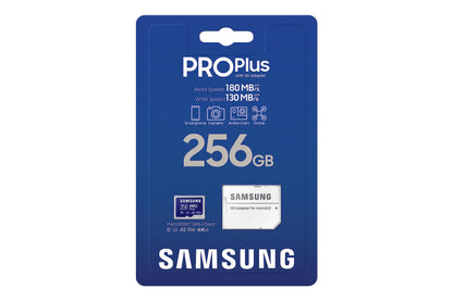 SAMSUNG PRO Plus microSD Memory Card + Adapter, 256GB microSDXC, Up to 180 MB/s, Full HD & 4K UHD, UHS I, C10, U3, V30, A2, for Android Smartphones, Tablets, GoPRO, and DJI Drone (MB MD256SA/AM)