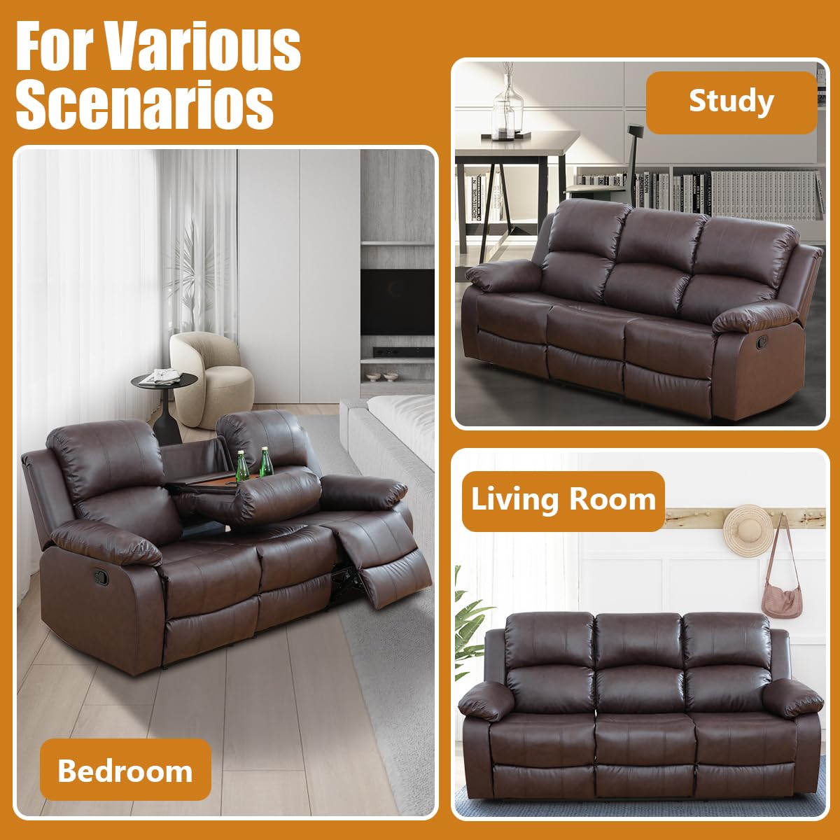 Mlxgoie Manual Leather Recliner Sofas, Brown