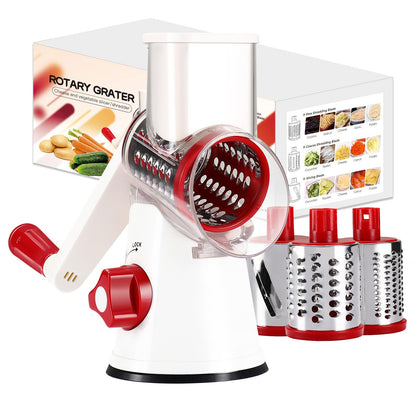 Cambom Rotary Cheese Grater Hand Crank Cheese Shredder for Fresh Cheese, Vegetable, Nuts,Non-slip Suction Base, Free Cleaning Brush Three Blades,Red White