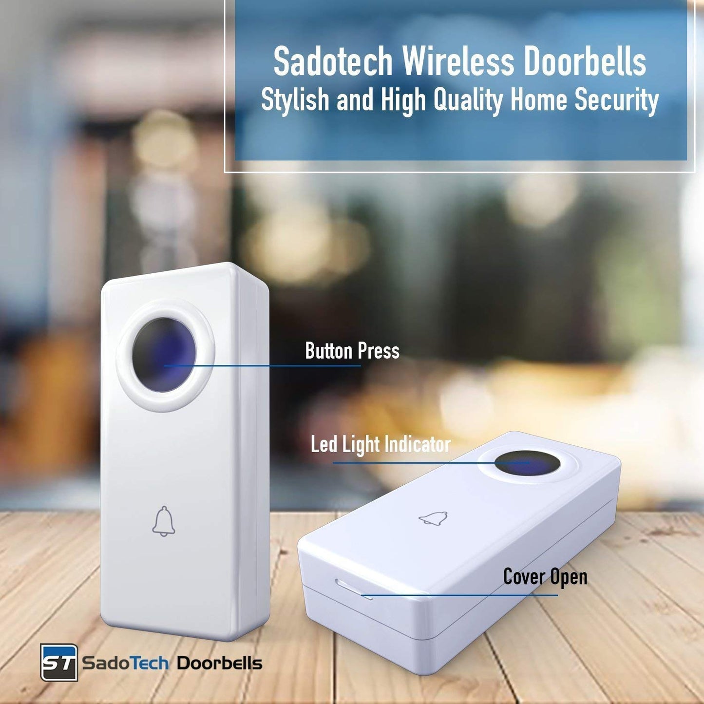 Wireless Doorbell by SadoTech – Waterproof Door Bells & Chimes Wireless Kit, 1000-ft Range,52 Door Bell Chimes, 4 Volume Levels with LED, Wireless Doorbells w/ 2 Receiver & 2 Button, Crosspoint, White