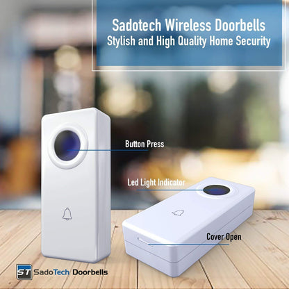 Wireless Doorbell by SadoTech – Waterproof Door Bells & Chimes Wireless Kit, 1000-ft Range,52 Door Bell Chimes, 4 Volume Levels with LED, Wireless Doorbells w/ 2 Receiver & 2 Button, Crosspoint, White