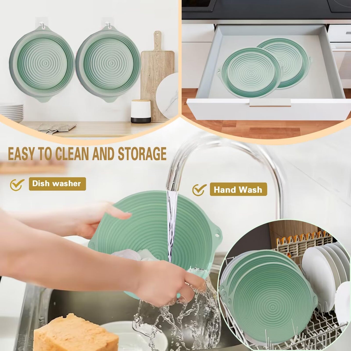 Upgraded Silicone Sourdough Bread Proofing Baskets - Including steel rings, Sourdough Starter Kit, 9 Inch Round Foldable Sourdough Baking Basket (Green)
