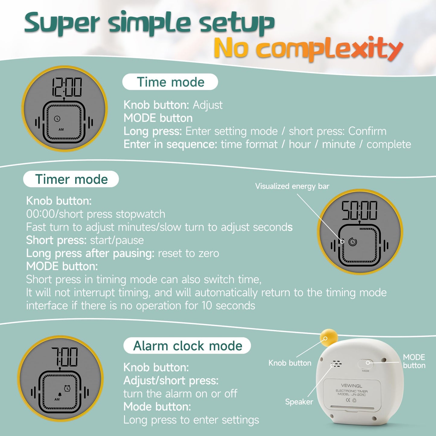 VEWINGL Visual Timer with Clock and Alarm