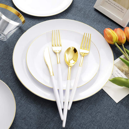 LIYH 180pcs Gold Plastic Dinnerware,White and Gold Plastic Plates,Gold Plastic Disposable Utensils,Disposable Gold Cups Suit for Wedding Party Birthday 30 Guests