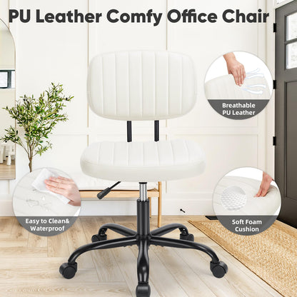 Sweetcrispy Small Desk Chair Armless,Comfortable Office Chair with Wheels, Rolling Task Chair with Low Back Lumbar Support, Vanity Chair for Bedroom Living Room Study Room, PU Leather,Crame White