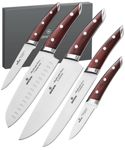 Brewin CHEFILOSOPHI Japanese Chef Knife Set 5 PCS with Elegant Red Pakkawood Handle Ergonomic Design,Professional Ultra Sharp Kitchen Knives for Cooking High Carbon Stainless Steel