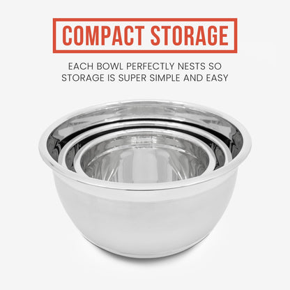 Chef Pomodoro Stainless Steel Mixing Bowl Set, Metal Mixing Bowls with Lids Set, Non-Slip Silicone Base, Nesting Bowls - 3 Piece (1.5 Qt, 3 Qt, 5 Qt), Mixing Bowls for Kitchen, Salad, Baking (Grey)