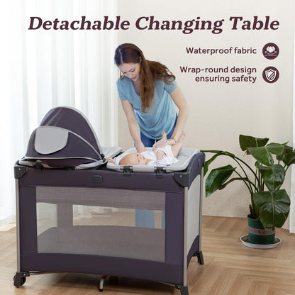 4-in-1 Portable Baby Playard with Bassinet & Canopy