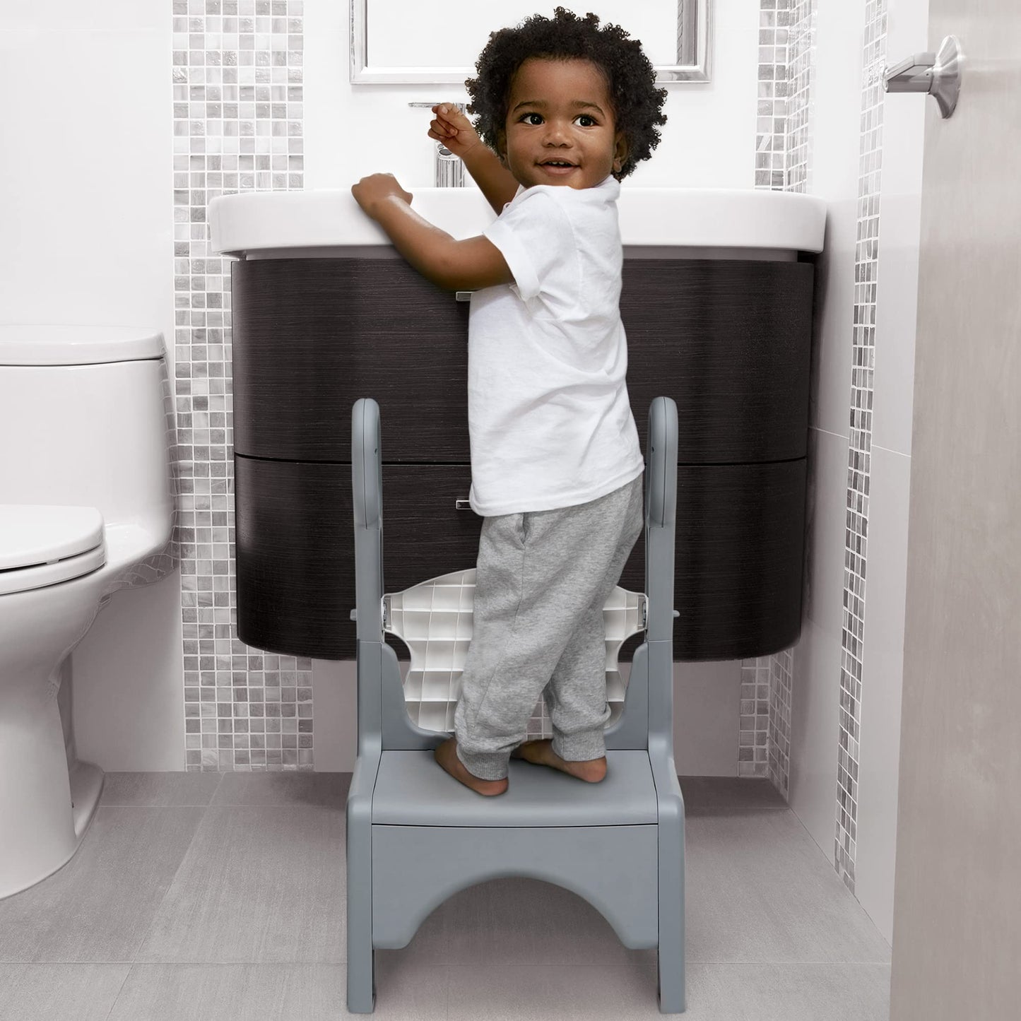 Delta Children Little Jon-EE Adjustable Potty Seat and Step Stool, White/Grey