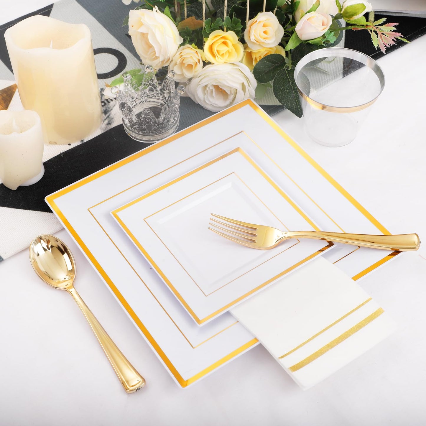 Festiva 176Pcs Gold Plates Disposable - Square Party Plates and Cups and Napkins Sets :Dinner Plates, Dessert Plates,Cups,Plastic Cutlery,Hand Napkins 1Tablecloth for Party&Wedding&Christmas