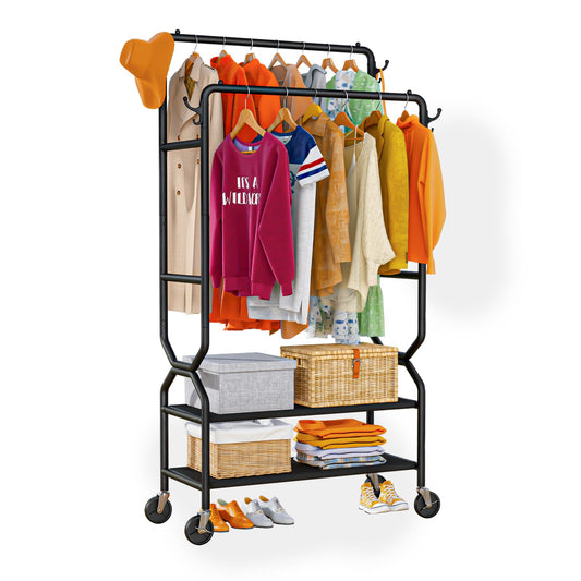 Wiracks Double Rod Rolling Clothes Rack with Shelves