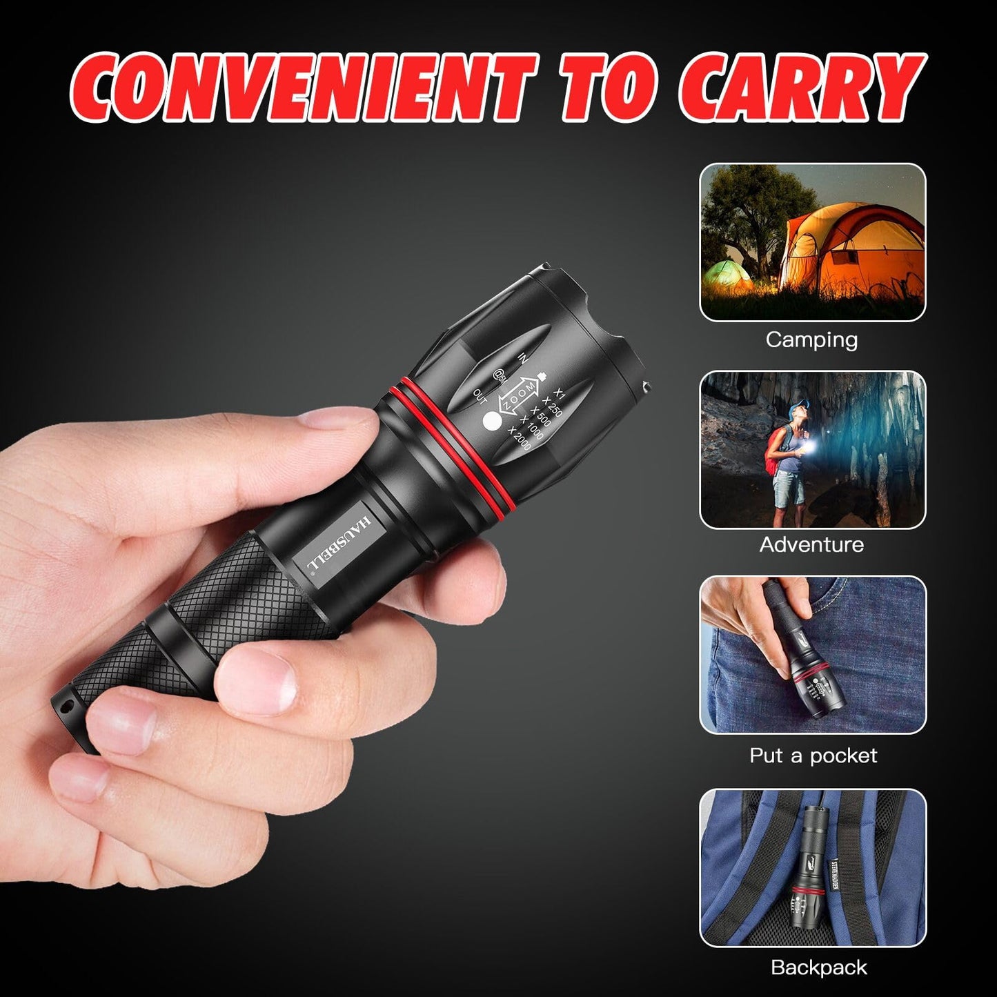 HAUSBELL LED Tactical Flashlight with Zoom, 2 Pack