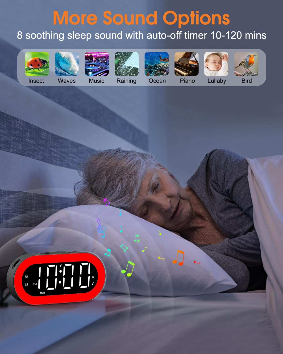 Alarm Clocks for Bedrooms, Desk Digital Clock Large Display, 7 Colors Night Light, USB Ports, Timer, Dimmer, Sound Machine, Customize Alarm, Small Alarm Clock for Bedside Adults Teens Kids Boys Girls