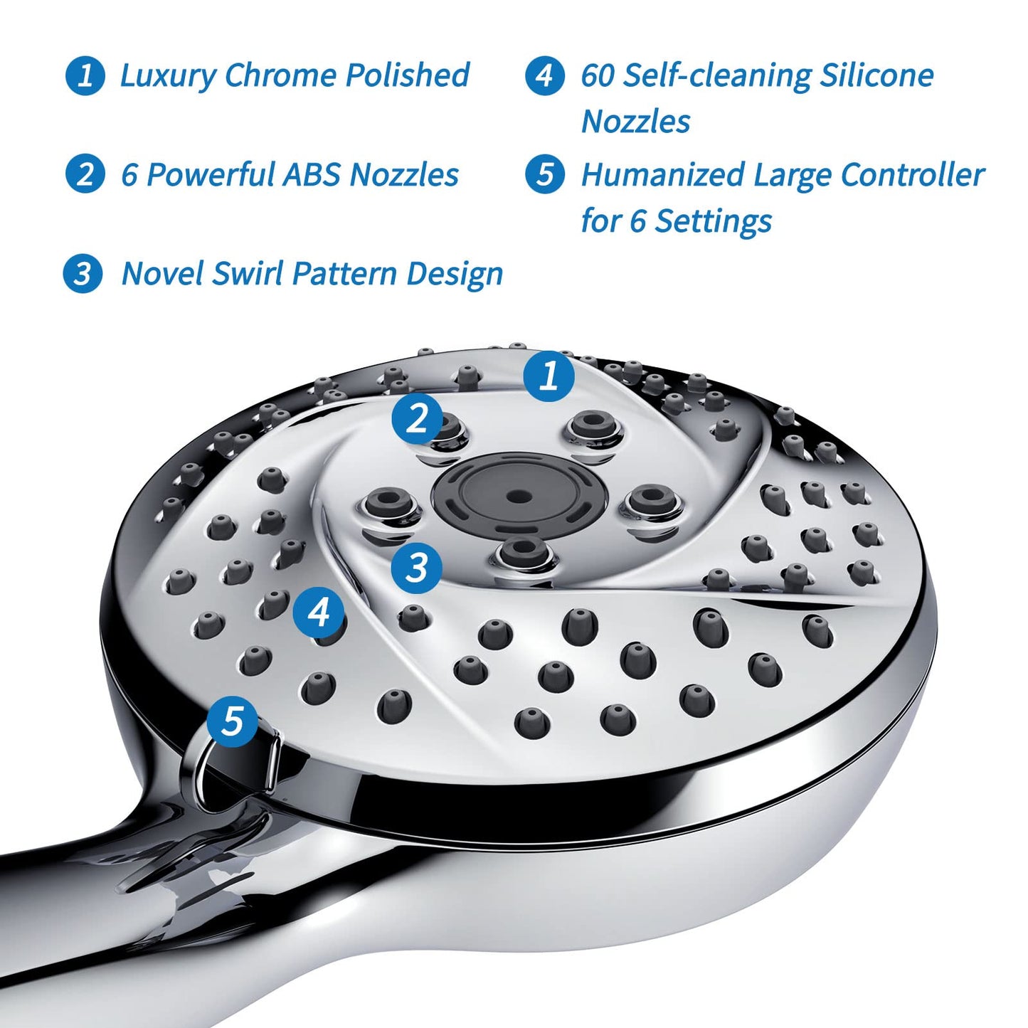 Atthomie Modern Shower Head with 6 Spray Settings, Anti-Clog Detachable & Removable, 60 Inch Stainless Steel Hose, Adjustable Brass Joint, Tool-Free Installation