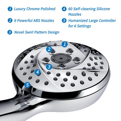 Atthomie Modern Shower Head with 6 Spray Settings, Anti-Clog Detachable & Removable, 60 Inch Stainless Steel Hose, Adjustable Brass Joint, Tool-Free Installation