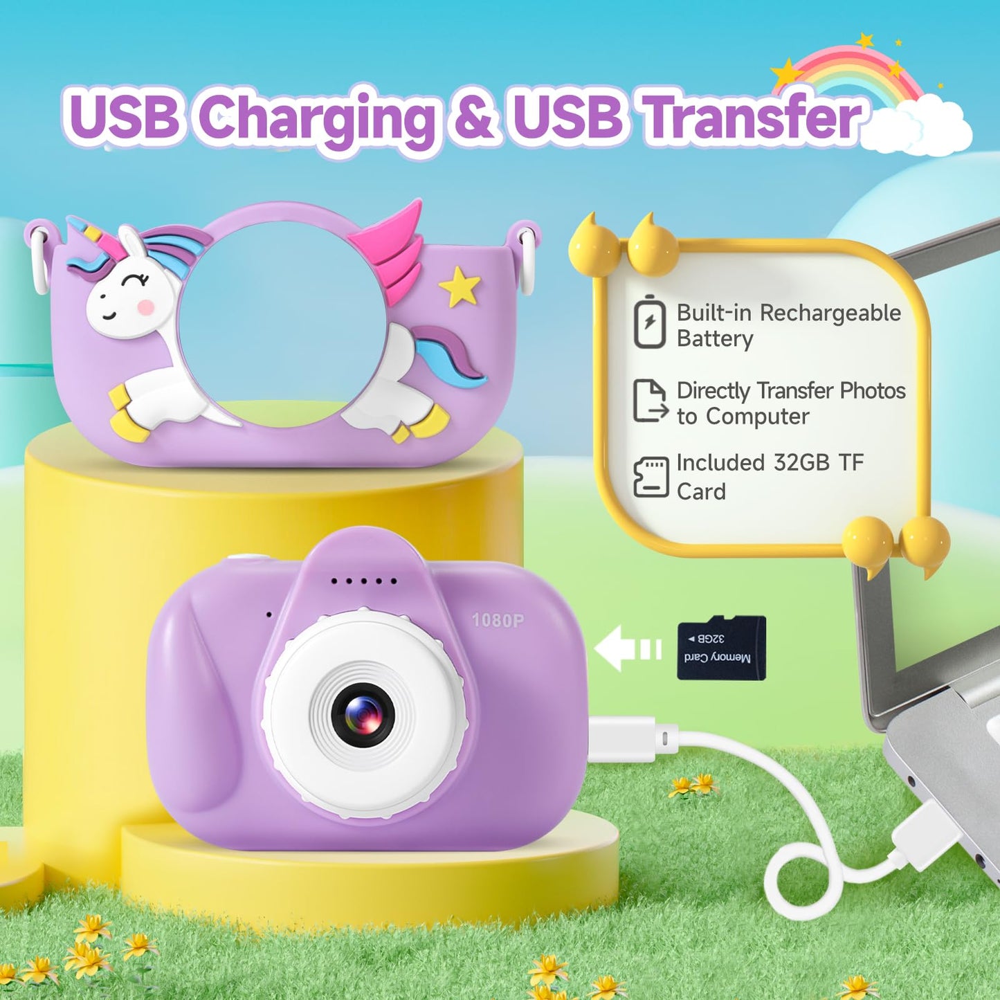 Kids Camera Toddler Toys for Girls Boys, YEEHAO 32MP Dual Lens Digital Camera for 3 4 5 6 7 8 9 Year Old Girl Christmas Birthday Gifts, 1080P Selfie Video Camera for Kids with 32GB SD Card